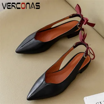 

VERCONAS 2020 Brand Design Woman Pumps Genuine Leather Woman Sandals Butterfly Knot sweet Pointed Toe Square Heeled Shoes Woman