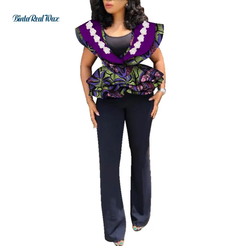 Женская африканская одежда Топ Футболка Базен Риш Дашики Африканский принт v-образный вырез оборки Кружевная аппликация на воротник топ рубашки WY946 - Цвет: 14