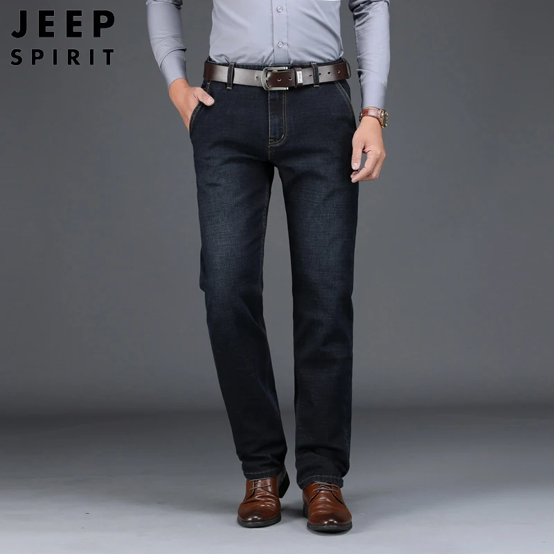

JEEP SPIRIT Mens Jeans Pant Autumn Winter Denim Trousers Men Business Casual Mid-waist Slim Fit Straight Black Jeans Men