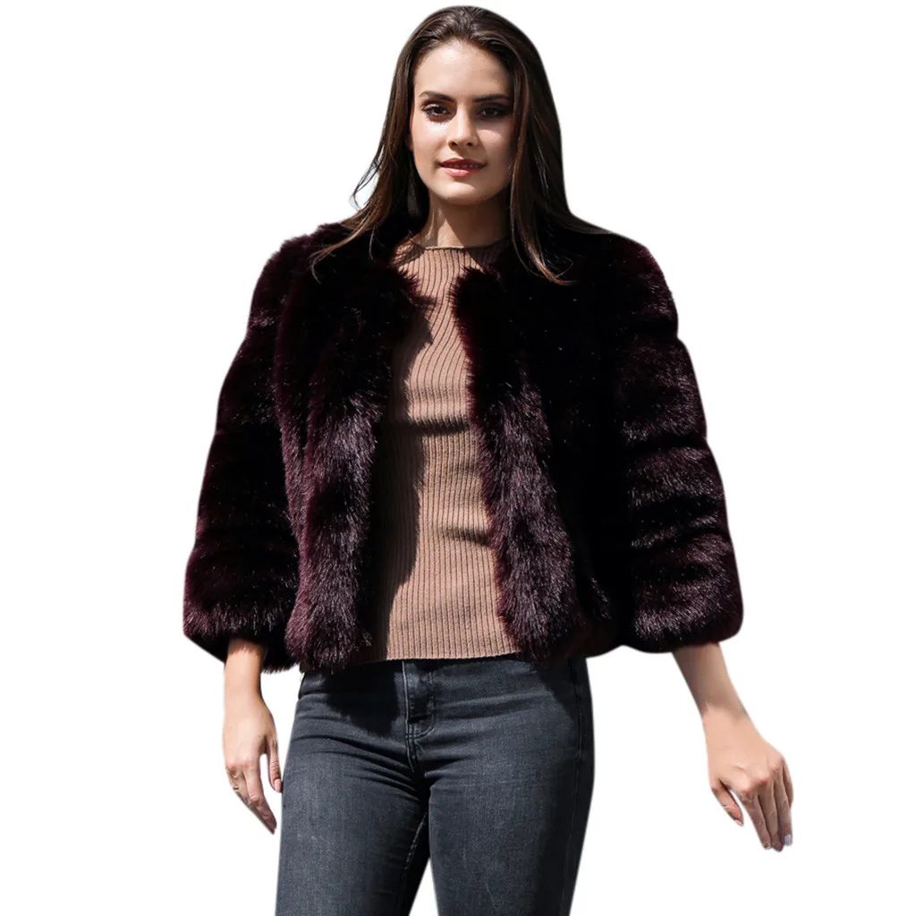 

Women Solid Faux Fur Outerwear Cardigan Loose Button Pocket Short Coat 2020 Autumn Winter cropped jacket   A50