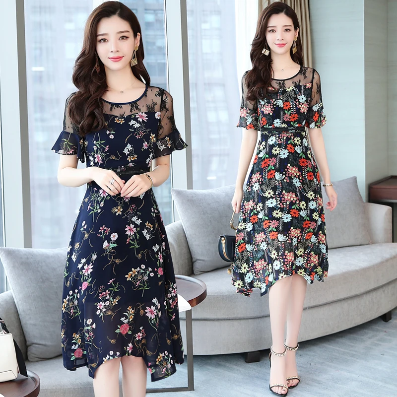 

Floral Print Ruffle Party Summer Mesh Midi Women Dress Lace Plus Size Lady Vintage Elegant Short Sleeve Runway Vestido De Fiesta