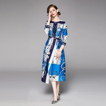 

2019 Autumn Irregular Midi Dress Women's O-Neck Long sleeve Elegant Vintage Floral Print Belted Dress party work vestidos