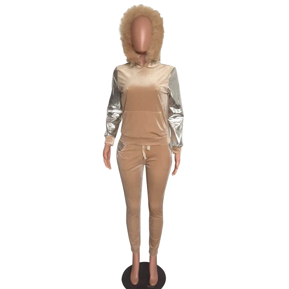 apricot Wjustforu с меховым капюшоном, комплект из двух предметов, женский теплый элегантный бархатный спортивный костюм для женщин, облегающий Модный комплект из двух предметов - Цвет: apricot