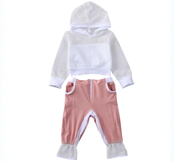 

1-6Years 2pcs Set for Toddler Kid Baby Girl Clothes Mesh Hooded Sweatshirt Top + zipper Pants Sportwear casual Outfit Tracksuit