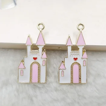 

10pcs/lot Pink Castle Building Enamel Charms Alloy Floating Oil Drop Pendant Fit Bracelet Necklace Jewelry Accessories 31*14mm