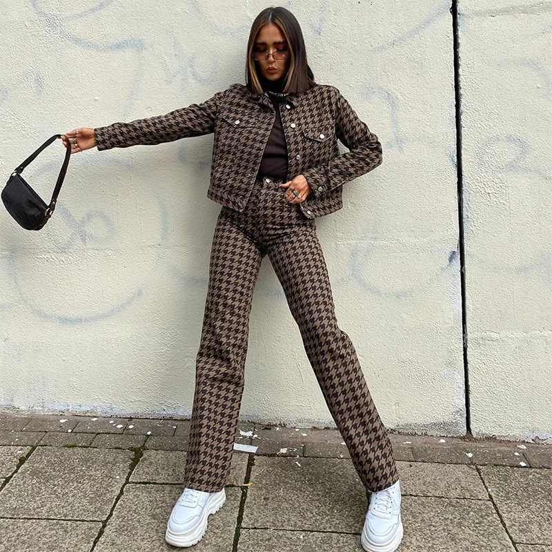 

Vintage Houndstooth Tracksuits Women's Stragiht Pants And Cropped Jacket Fashion 2020 Y2k Two Piece Set Winter Female Outfits