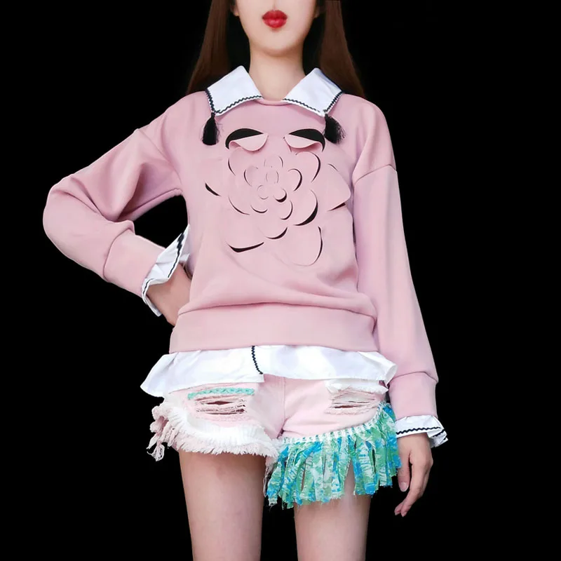 WHITNEY WANG Осенняя мода уличная Fack 2 шт. Лоскутная 3D Цветочная Толстовка женские толстовки пуловер