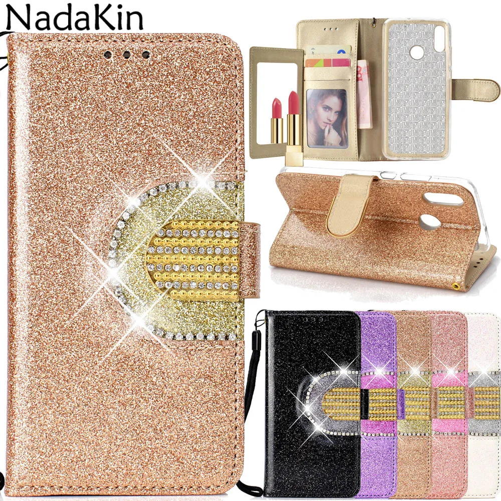 

Luxury Glitter Diamond Book Shell for Huawei Honor 10 9 Lite 7A Pro 7C 8A Y7 2019 Y6 Prime 2018 P Smart 2019 Mirror Flip Cover