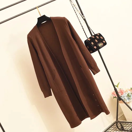 brown Neploe трикотажные женские кардиганы длинные пуговицы карман свитер открытый стежок корейский v-образный вырез длинный рукав шаль джемпер куртка 55128 - Цвет: brown