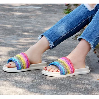 

Female PVC Shoes Comfortable Summer Women's Slippers Rainbow Stripe Out Wear Beach Slides Home Sandals Factory Direct Sales