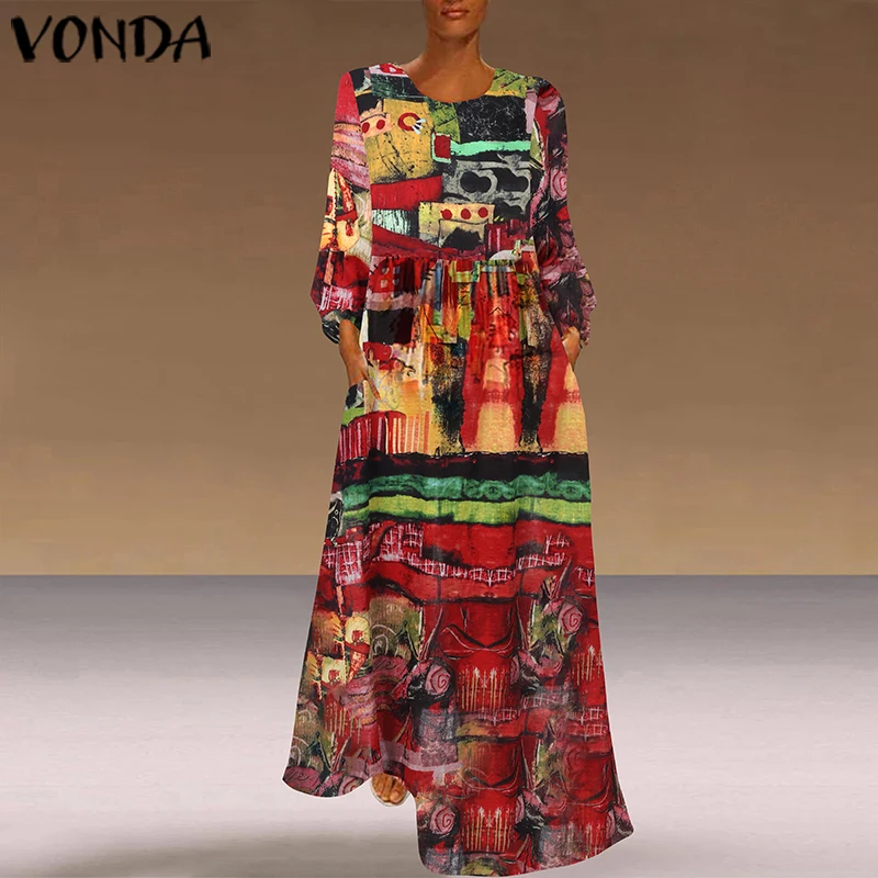 VONDA, летнее платье макси с принтом, женский сарафан, винтажный стиль, круглый вырез, длинный рукав, вечерние платья размера плюс, повседневное платье, Femme 5XL