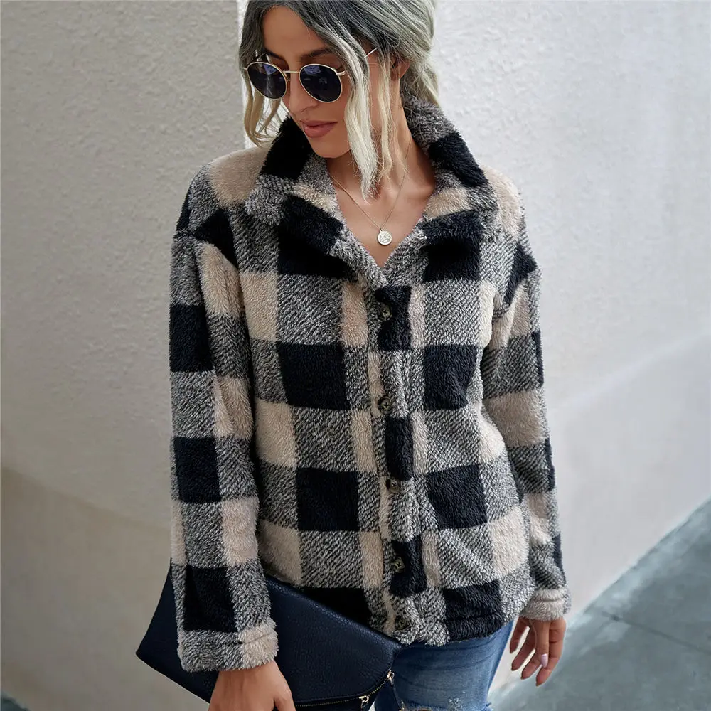 

2020 Winter Women Sherpa Sweater Vintage Plaid Fluffy Jacket Turtleneck Teddy Fleece Top Elegant Autumn Streetwear