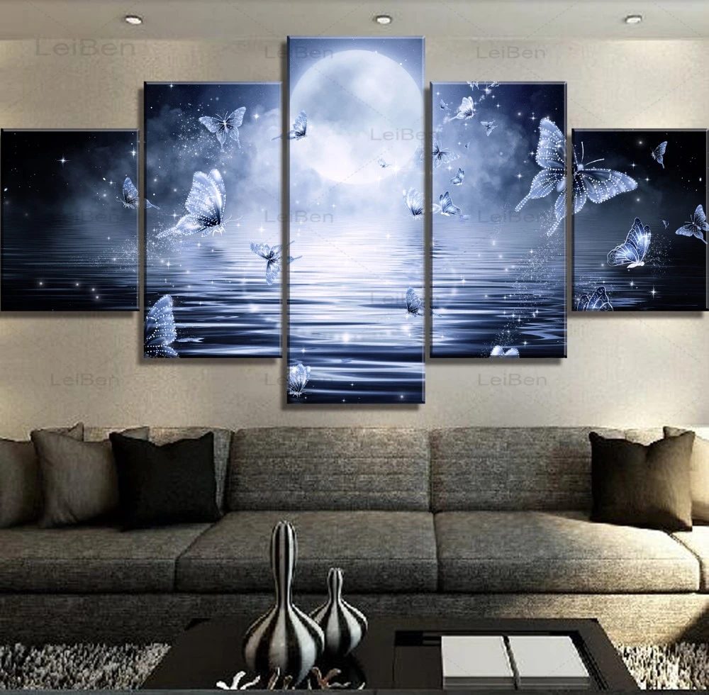 

Five-Piece Hd Art Poster Butterfly Moon Lake Night Scene Canvas Painting Modular Pictures and Prints Living Room Home Decoration