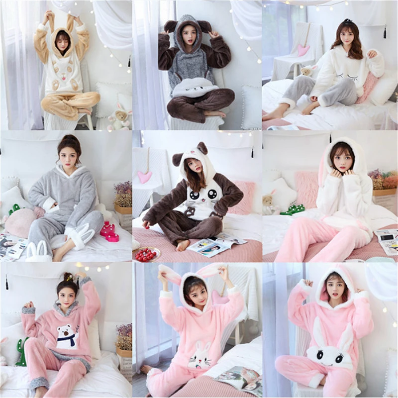 2019 New Autumn Winter Women Flannel Pajamas Set Bear Hooded Pajamas Sleepwear Coral Fleece Thicken