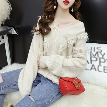 

Women Knitted Sweater Chic Fashion V-neck Knitwear Pullover Tassel Loose Lazy Style All-match Red Color Sweater