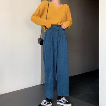 

YAMDI vintage corduroy pants women casual korean trouser spring autumn 2020 wide-leg pant long single-breasted capris femme new