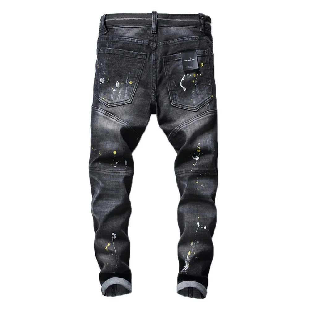 EH·MD® Black Ripped Jeans Men's Patchwork Zipper Pendant Splashed Ink Soft Zipper Belt Slim Cotton Stretch Pants Scratched 2022