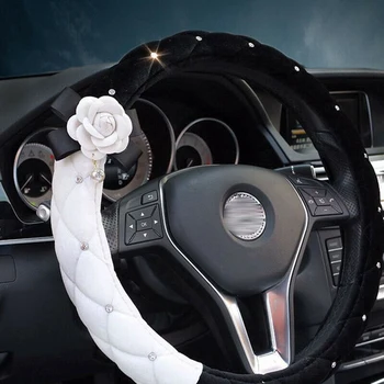 

15 Inch Anti Slip Universal Camellia Plush Car SUV Steering Wheel Cover for Women