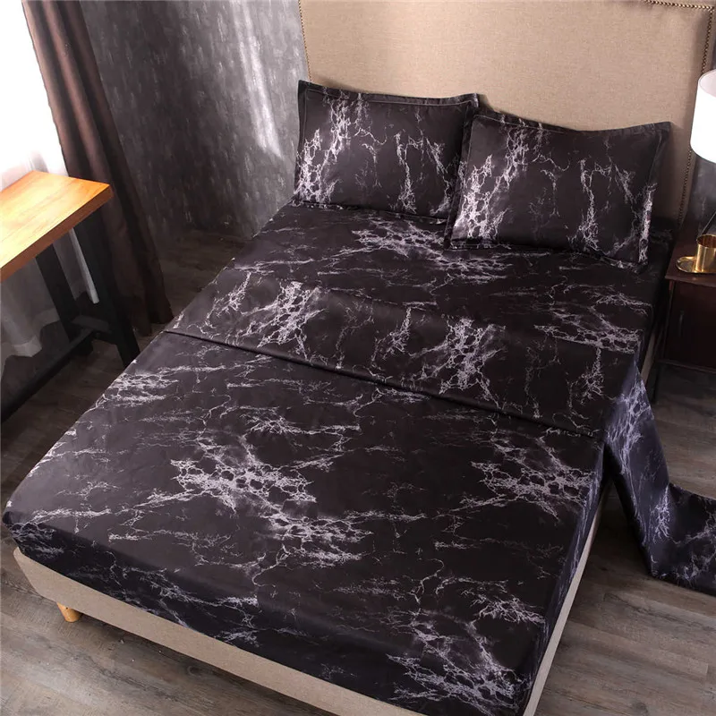 

HM Life Hot Selling Fitted Sheet Bed Sheet 4Pcs/set Soft Stone Grain Printed All-around Elastic Rubber Band Bed Linens