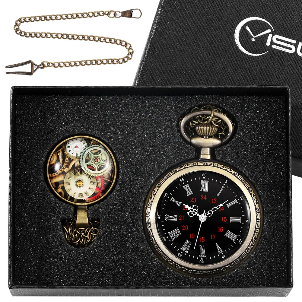 Pocket Watch Set Men's Quartz Watch Roman Numeral Dial Women's Pendant Clock Alloy Necklace with Accessories Gifts Box for Man