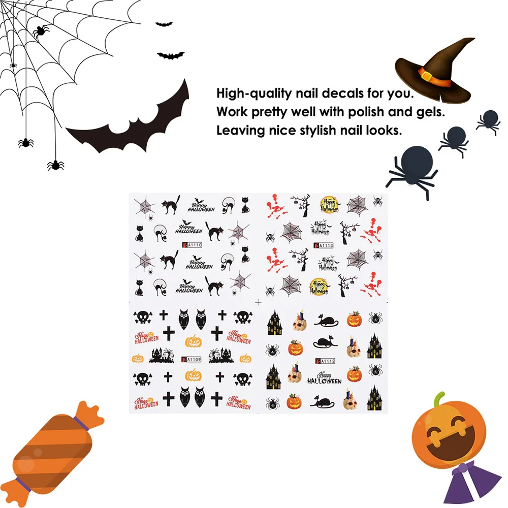 

1pc/12sets Nail Sticker Manicure Decals Halloween Stickers Set Wraps Decoration Nail Art DIY Tools Nails Accessories for Women