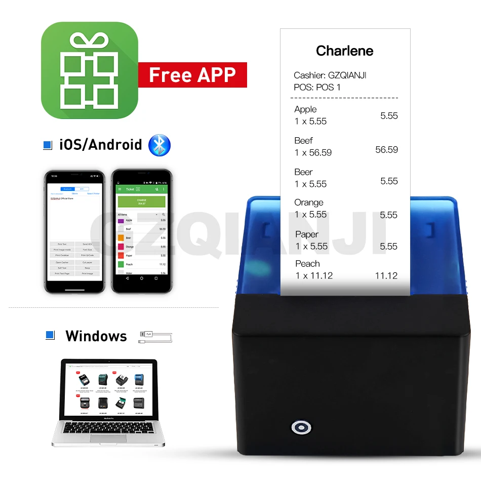 GZM5808 58 мм Bluetooth термопринтер Профессиональный портативный мобильный фотопринтер тепловой чековый принтер компьютерный принтер Android iOS