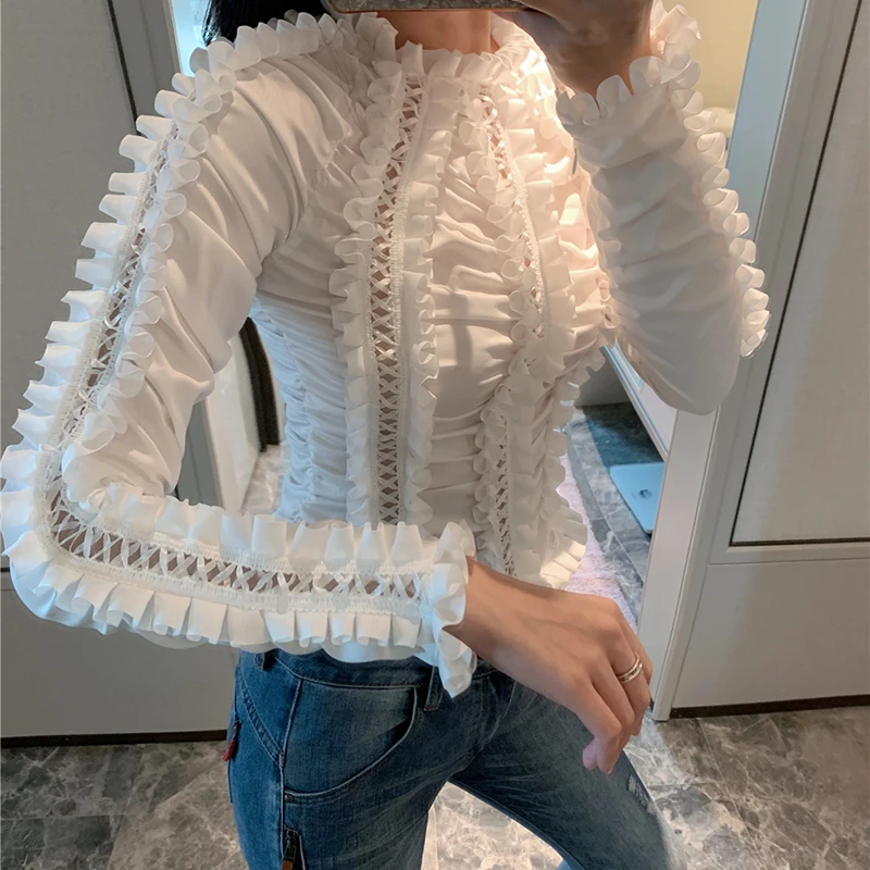 

HIGH QUALITY New Fashion 2019 Designer Tops Women's Long Sleeve Ruffles Hollow Out Blouse Top