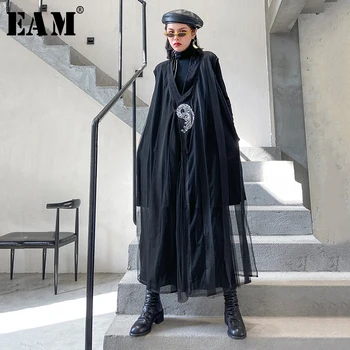 

[EAM] Women Black Mesh Embroidery Long Big Size Loose Fit Vest New V-collar Sleeveless Fashion Tide Spring Autumn 2020 1R667