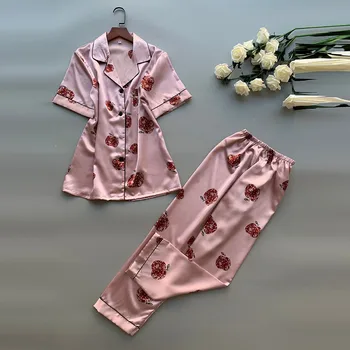 

Women's Pajama Sets Short Sleeve Simulation Silk Short Sleeves Long Pants Ladies Sleepwear Pyjamas Nightwear Sleepwear Set L42