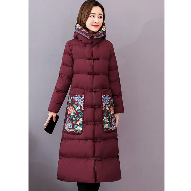 UHYTGF parkas mujer, зимняя хлопковая куртка с вышивкой в стиле ретро, Женская Повседневная теплая длинная куртка с капюшоном в национальном стиле, 4XL 955