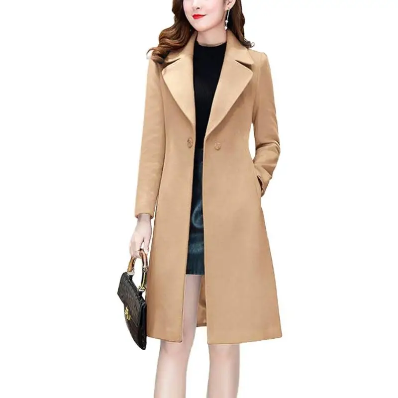

Solid Double-breasted Cardigan Woolen Coat Popular Polyester Warm Long Sleeve Women Fashion Turn Down Collar Outfit