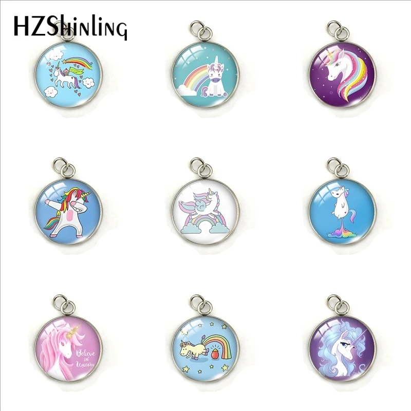 

New Arrival Cute Cartoon Rainbow Unicorn Glass Round Pendants Charms I Love Unicorn Stainless Steel Plated Pendants Gifts