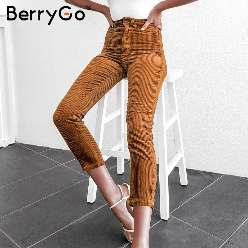 Camel BerryGo/женские вельветовые брюки с высокой талией; осенне-зимние женские узкие брюки на молнии; повседневные уличные офисные женские брюки - Цвет: Camel