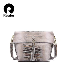 REALER маленькая сумка женская через плечо натуральная кожа, женские кожаные сумки из натуральной кожи с змеиным принтом, женская сумка-мессенджер с кисточками ，дамские сумки мешок ，хобо