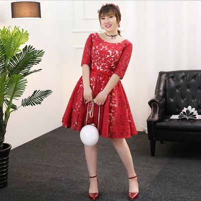 Платья для выпускного вечера длиной до колена, черные короткие платья Vestidos De Gala T292, размера плюс, платья с круглым вырезом, женские вечерние платья с рукавом до локтя для выпускного вечера - Цвет: Burgundy