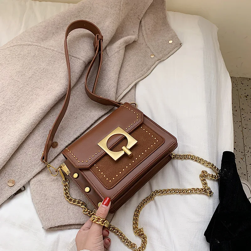 

Korean-style Bag 2019 Autumn New Style Solid Color Simple WOMEN'S Bag Broadband Shoulder Square Sling Bag Rivet Versatile Small