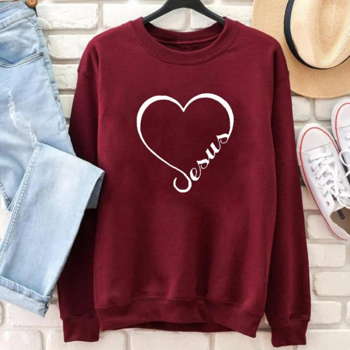 Женская толстовка с надписью «Jesus love heart», религиозная вера, сольган, хлопок, длинный рукав, женские топы с изображением Иисуса, христианский пуловер