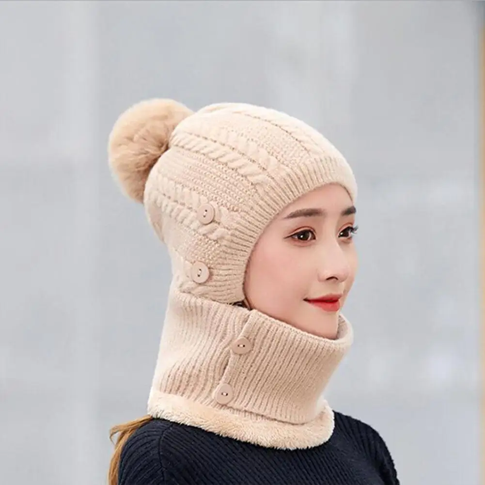 MISSKY Lady Warm One-piece Women Hat-Mask-Scarf Winter Thicken Knitting Wool Ball Riding Outdoor Beanies For Female - Цвет: Khaki