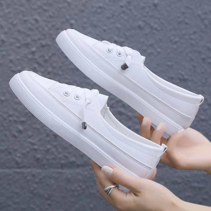 Zapatillas de deporte de plataforma baja para mujer, zapatos informales  vulcanizados de cuero Pu, mocasines planos blancos para caminar,  2021|Zapatos vulcanizados de mujer| - AliExpress