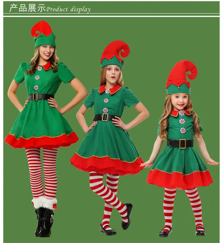 Женский и мужской Рождественский костюм Санта-Клауса для детей и взрослых, семейный зеленый костюм эльфа, карнавальные вечерние костюмы для мальчиков и девочек