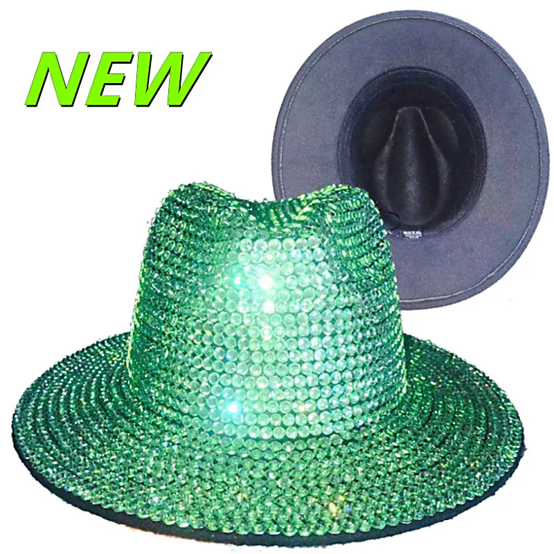 

2021 rhinestone fedora hat new green adjustable unisex fedora hat monochrome black jazz hat winter hat шапка женская