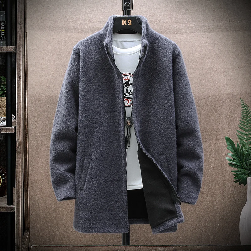 Mid-length Jacket Men's Sweater Fall/winter Hooded Jumper Solid Fleece Thick Warm Male Cold Coat Knitted Hoodie Zipper Cardigan