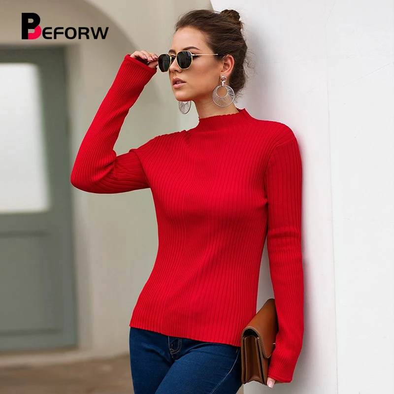 

BEFORW 2019 Women Winter Tops Half Turtleneck Sweater Pullover Jumper Casual Autumn Clothing Long Sleeve Knitted Sweaters Tops