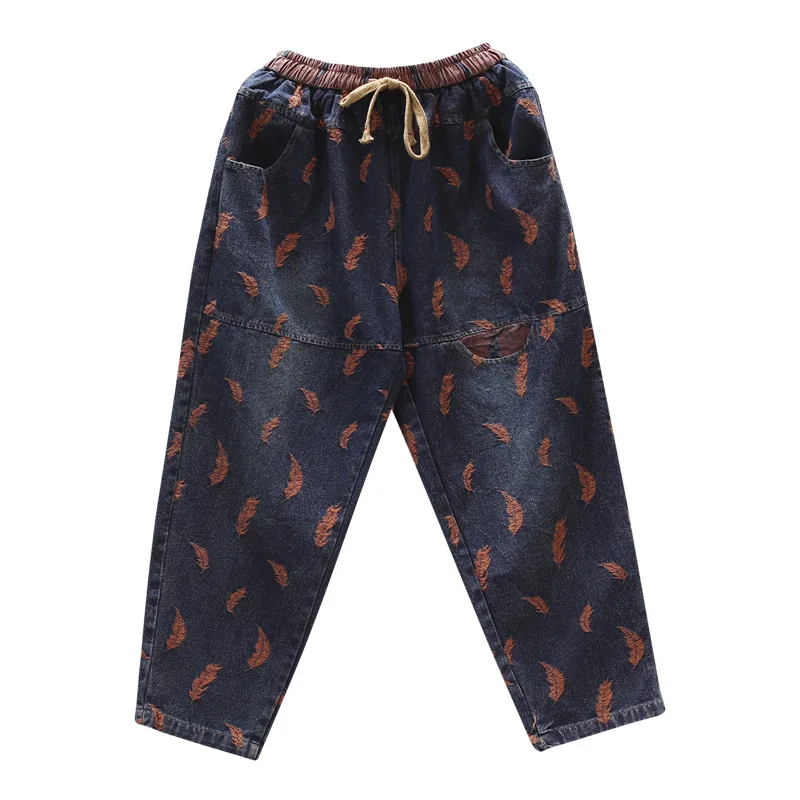Осенние зимние джинсы в стиле ретро женские свободные джинсы с эластичной резинкой на талии новые женские винтажные повседневные брюки с вышитым карманом