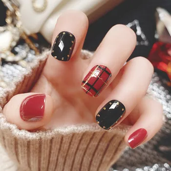 

24pcs/box New High Quality Fresh Red and Black Stripe fake nails press on Wearable Full Cover Finger artificial nails with Glue