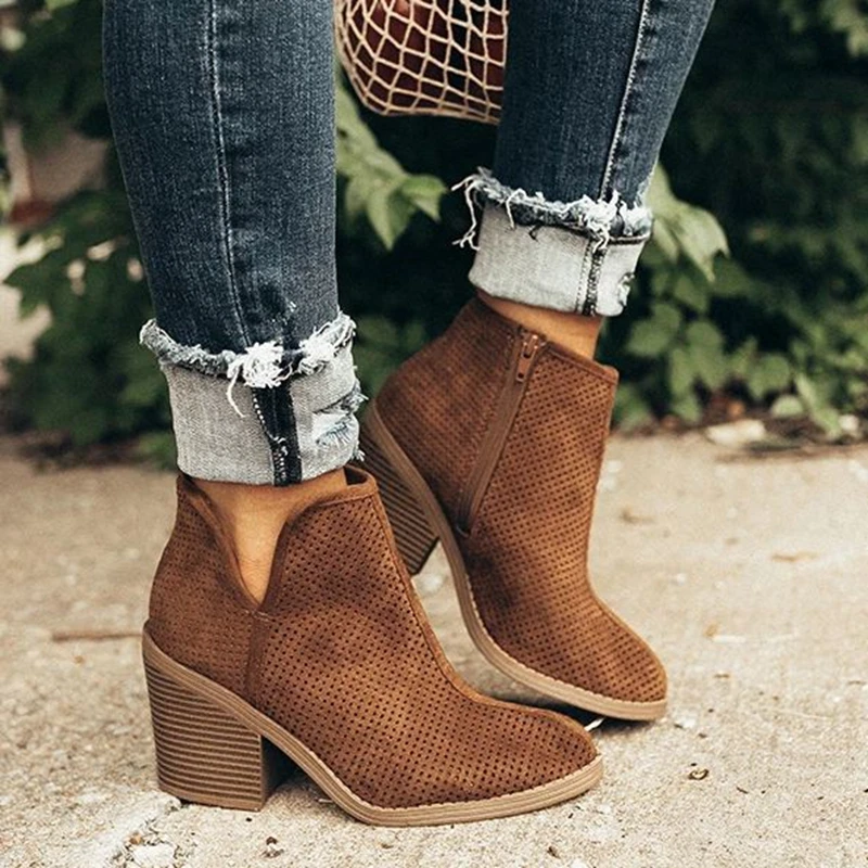 

LOOZYKIT Round Toe Casual Ladies Fashion Autumn Ankle Women Boots Square Heel Zipper Women Female High Heels Single Shoes