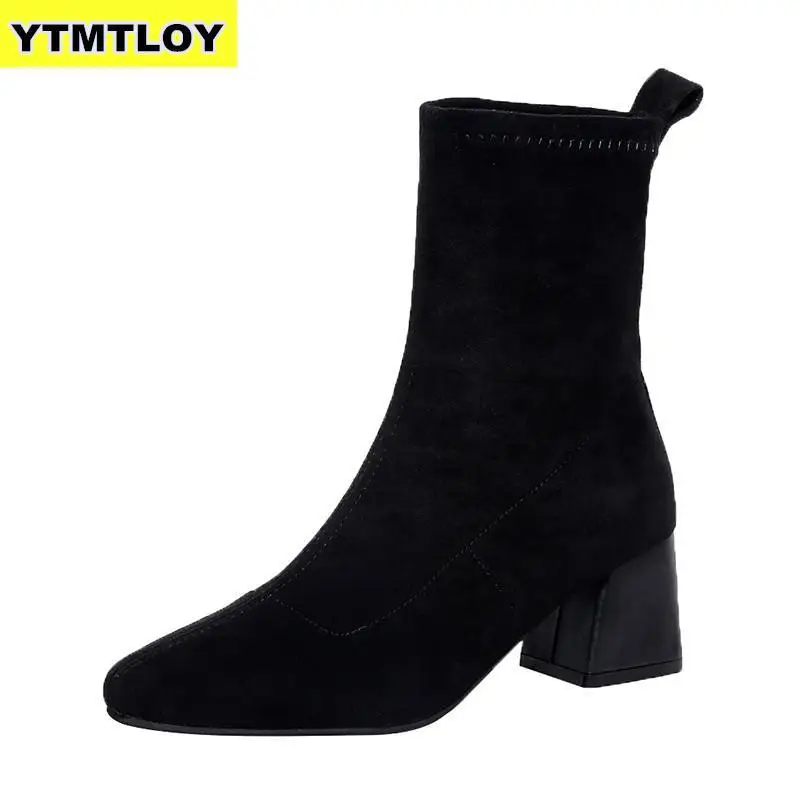 Для женщин боковой молнией Удобная с квадратным каблуком ботильоны мода квадратный носок сохраняющие тепло сапоги ботинки на платформе; Zapatos De Mujer; большие размеры - Цвет: Black Suede