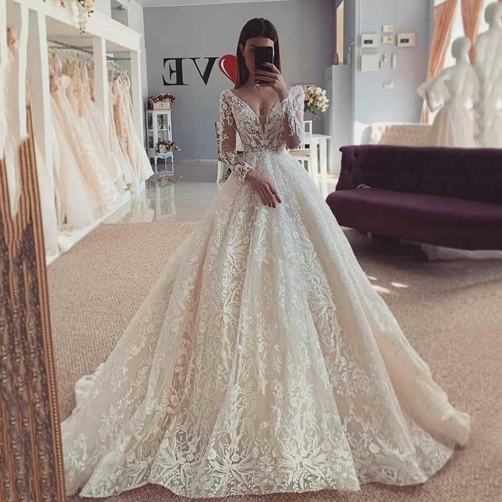 UZN Chick BallGown Lace Wedding Dresses Sexy V-Neck Long Sleeves BOHO Bridal Gowns vestido de novia 2022 mermaid wedding dress