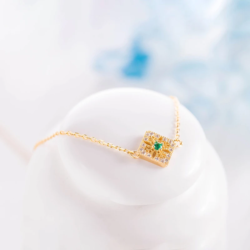 

Cute Green CZ Stone Square Pendant Gold Chain Charm Bracelet Adjustable Link Delicate Filigree Bracelet Friendship Lace Bracelet