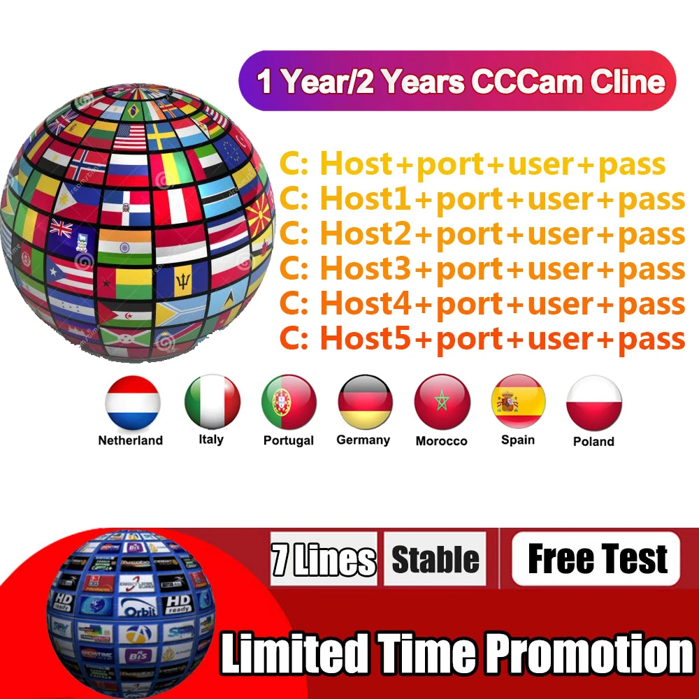 

CCCams Cline germany spain portugal cccams 8 lines for 1 year europe cccams server HD used in satellite tv receiver freesat V7S
